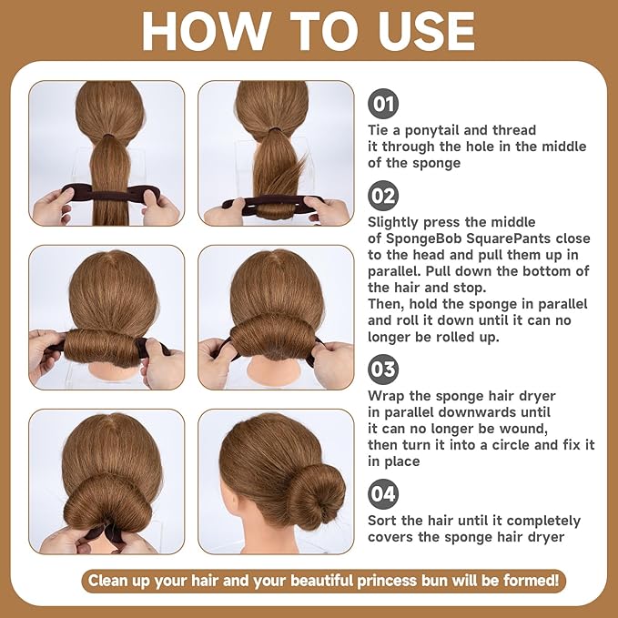 2pcs Hair Bun Maker for Women, Non-Slip Hair Bun Shaper Curler, Lazy Sponge Bun Updo Hair Styling Accessories for Long Thin Curly Straight Wavy Hair- Brown
