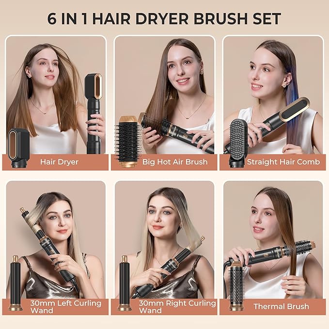 6 in ONE Blow Dryer Brush,Air Curling Iron Round Brush for Blow Out 1000W,Ionic Hair Dryer Brush for Women, Blowout Brush Air Styler Curler