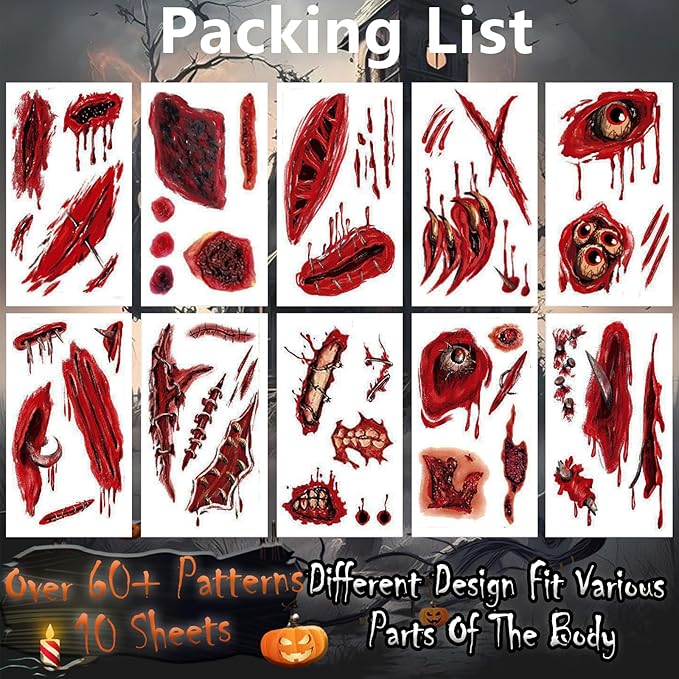 60+PCS 10 Sheets Fake Scars Temporary Tattoos, Horror Realistic Scary Blood Zombie Face Stickers, Halloween Simulation Wounds Stitches Body Makeup, Chucky Cosume Prank Cosplay Kids Men Women Adults A