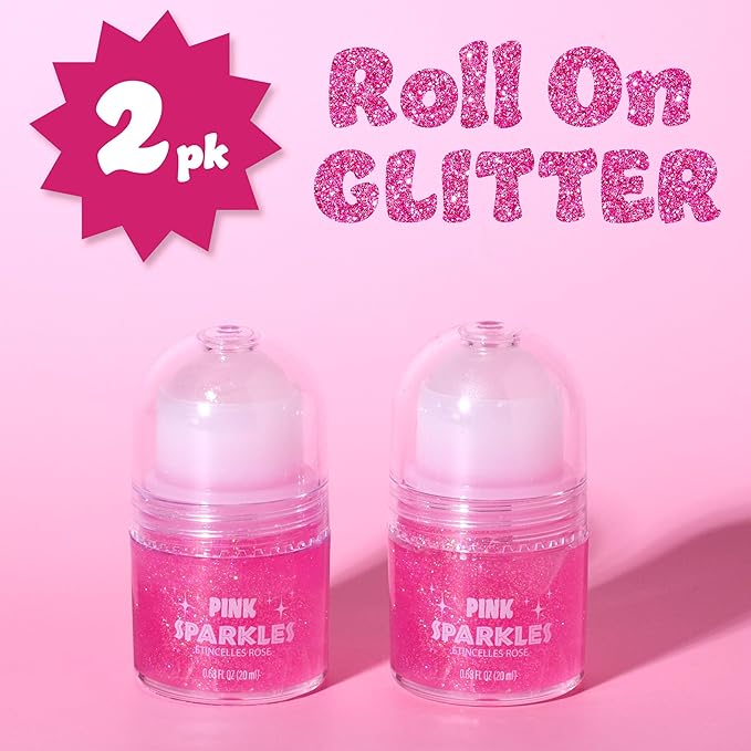 2pc Pink Sparkles Roll-On Glitter Set - Strawberry Scented Roll On Body & Face Glitter, Smooth Rollerball Tip Glitter Stick Face & Body Makeup for Shimmer & Shine