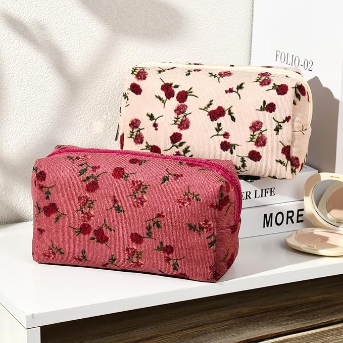 2 Pieces Makeup Bag Floral Cosmetic Bag Purple Blue Makeup Pouch Travel Toiletry Bag Organizer Cute Makeup Brushes Storage Bag for Women