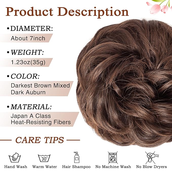 MORICA 1PCS Messy Hair Bun Hair Scrunchies Extension Curly Wavy Messy Bun Synthetic Chignon Hairpieces for Women (4/30#(Dark Brown & Light Auburn Mixed))