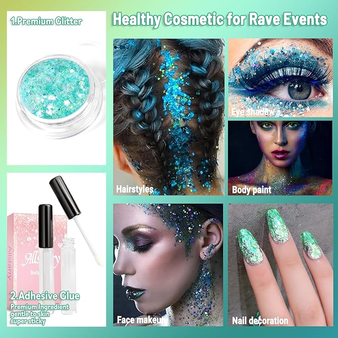 Allstarry Holographic Chunky Body Glitter 4 Colors Cosmetic Face Glitter Eyeshadow Makeup Holographic Mermaid Cosmetic Laser Powder Rave Accessories with Body Glue for Women Makeup Nails DIY Crafts