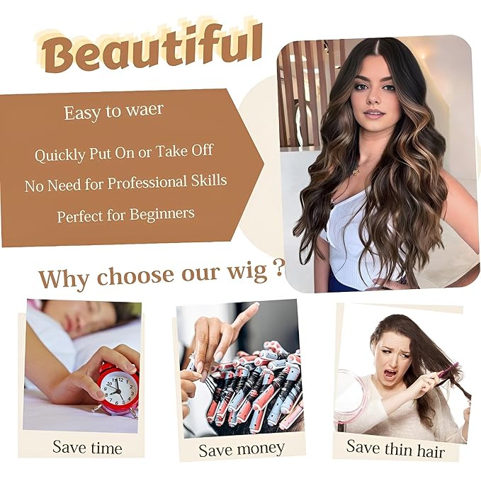 26 inch Lace Hairline Brown Mixed Highlight Wigs for Women, Middle Part Long Curly Wig Heat Resistant Synthetic Hair Looking Natural, Fiber Wig for Daily Party Use