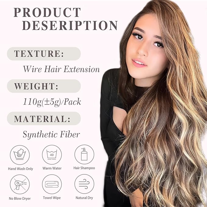MORICA Invisible Wire Hair Extensions - 20 Inch Brown Mixed Blonde Long Wavy Synthetic Hairpiece with Transparent Wire Adjustable Size, 4 Secure Clips for Women
