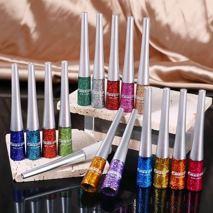 16 Colors Glitter Metallic Liquid Eyeliner Set Waterproof Long Lasting Eye Liner pencil Pigmented Shimmer Eye Makeup Gift Kit for Women Green Purple Blue Pink white Silver Gold Colored Eyeliners