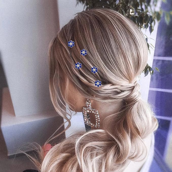 20 Pack (Navy) Crystal Flower Hair Pins Rhinestone Hair Clips for Bridal Wedding Women Hair Jewelry Accessories, with Clear Container