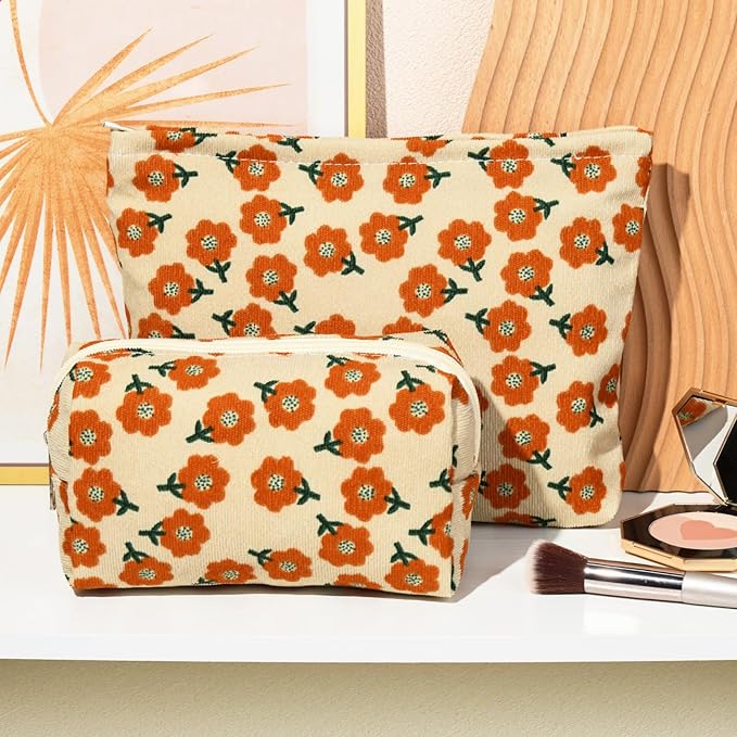 2 Pieces Flower Makeup Bag Large Corduroy Cosmetic Bag Capacity Canvas Mix Travel Toiletry Bag Organizer Cute Makeup Brushes Aesthetic Accessories Storage Bag for Women, Flower Mix Orange