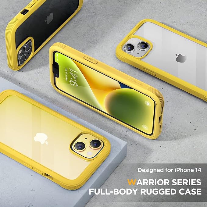 Miracase Glass Series Designed for iPhone 14 Case 6.1 inch, 2022 Upgrade Full-Body Clear Bumper Case with Built-in 9H Tempered Glass Screen Protector and Camera Lens Protector,Lemon