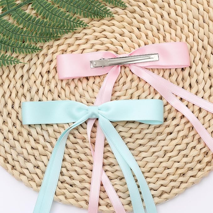 HairBows for Women & Girls, 16 PCS Ribbon Hair Bow with Long Tail Bowknot Hair Clips, Hair Barrettes with Bow Accessories