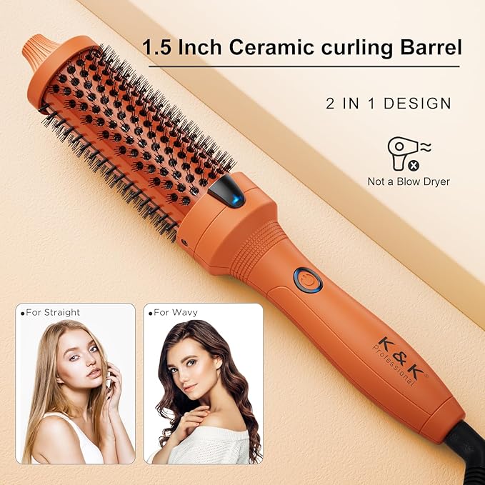 K&K Thermal Brush, 1.5 Inch Heated Round Comb, Professional Heated Curling Ceramic Tourmaline Ionic Curling Iron, Hot Styling Volumizing Brush, Dual Voltage, Orange