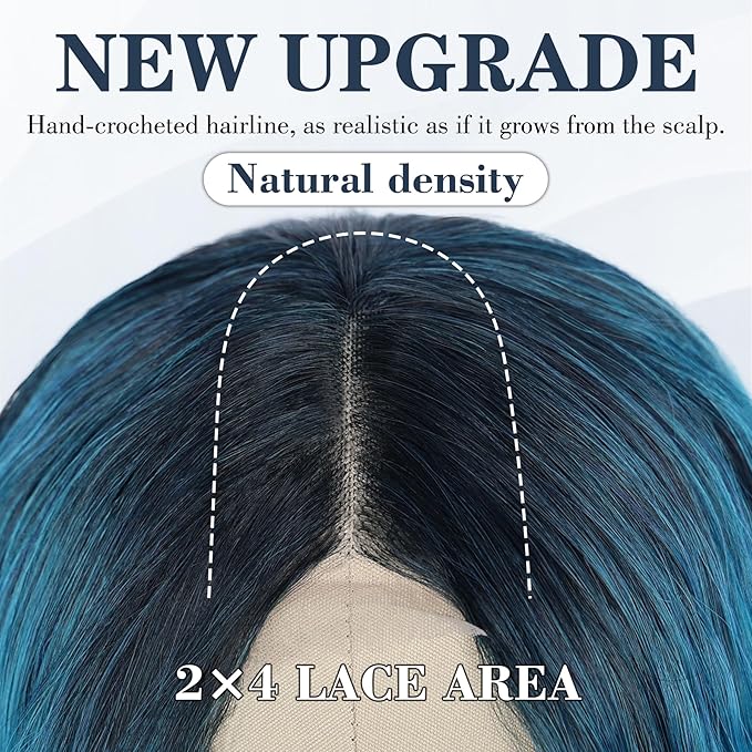 NAYOO Long Ombre Bluish Green Wavy Wig for Women 26 Inch Middle Part Lace Hairline Curly Wavy Wig Natural Looking Synthetic Heat Resistant Fiber Wig for Daily Party Use