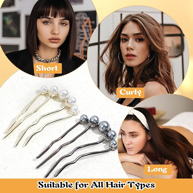 2Pcs Pearl U Shaped Hair Pins Metal Hair Fork Clips, Elegant Bridal Hair Side Comb Hair Pin for Women Girls, French Pearl Hair Styling Accessories for Bridal Wedding Daily Party Holiday