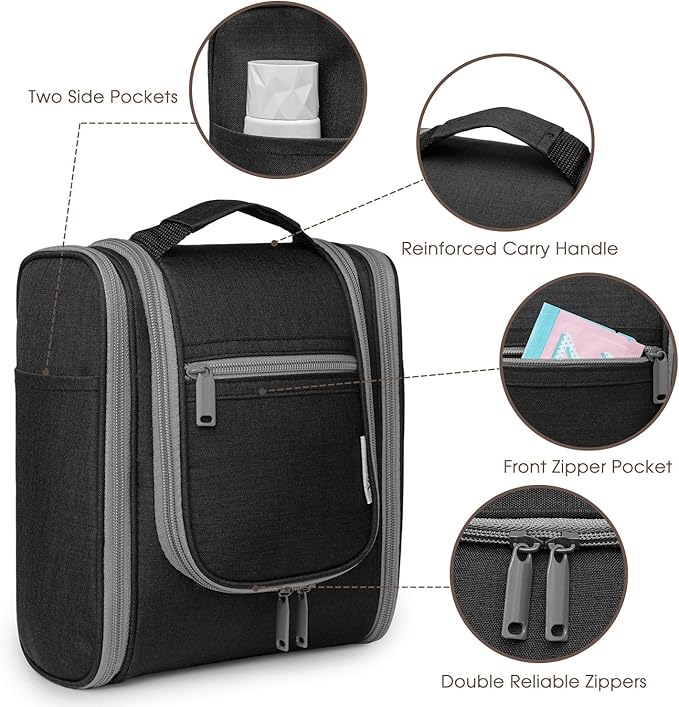 Narwey Small Hanging Travel Toiletry Bag Cosmetic Make up Organizer for Women and Men (Medium, Black)