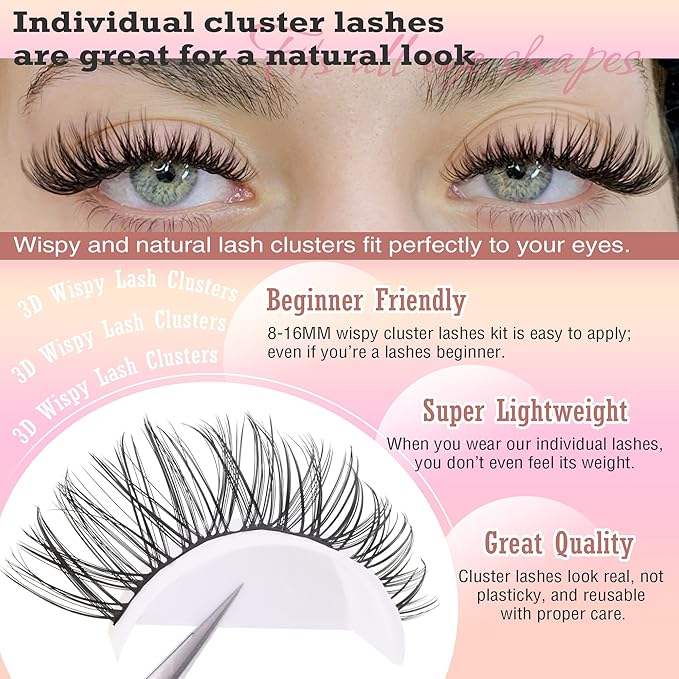 Natural Lash Extension Kit 8-16mm Lash Clusters Wispy Eyelash Clusters Sweatproof Lash Clusters C Cluster 144pcs with Bond and Seal Lash Glue and Eyelash Extension Tweezers DIY at Home