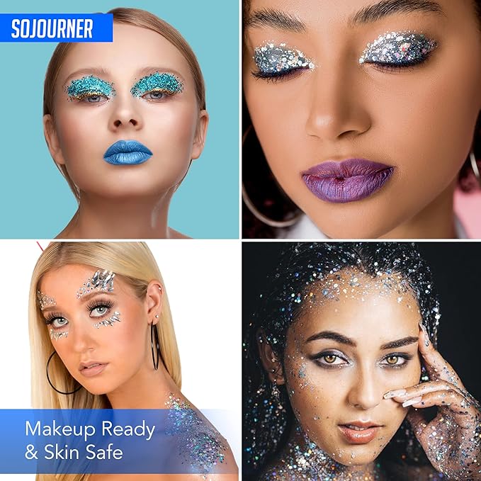 Neon Holographic Body Glitter I 12 Colors + 1 Glitter Glue for Face, Hair, Nail, Eye & Glitter Eyeshadow - Perfect for Halloween Makeup, Raves, Festivals, Resin, Tumblers, Cosmetic & Nail Art