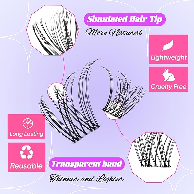Natural Lash Clusters Kit Wispy Lash Invisible Lash Band Cluster Eyelash Extensions Kit 8-16mm Individual Lashes Extension DIY D Curl Eyelash Clusters with Waterproof Clear Lash Band Clusters