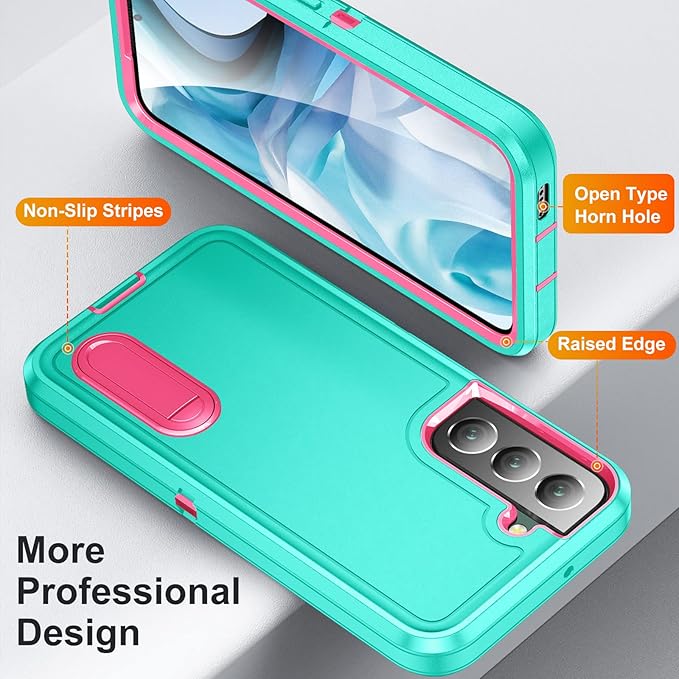 for Samsung Galaxy S22 Plus Case Galaxy S22+ Case with Kickstand Case 3-Layer Military Grade Protective Case Cover Silicone Rugged Shockproof for Galaxy S22 Plus S22+ Phone Case Cyan+Rose Red