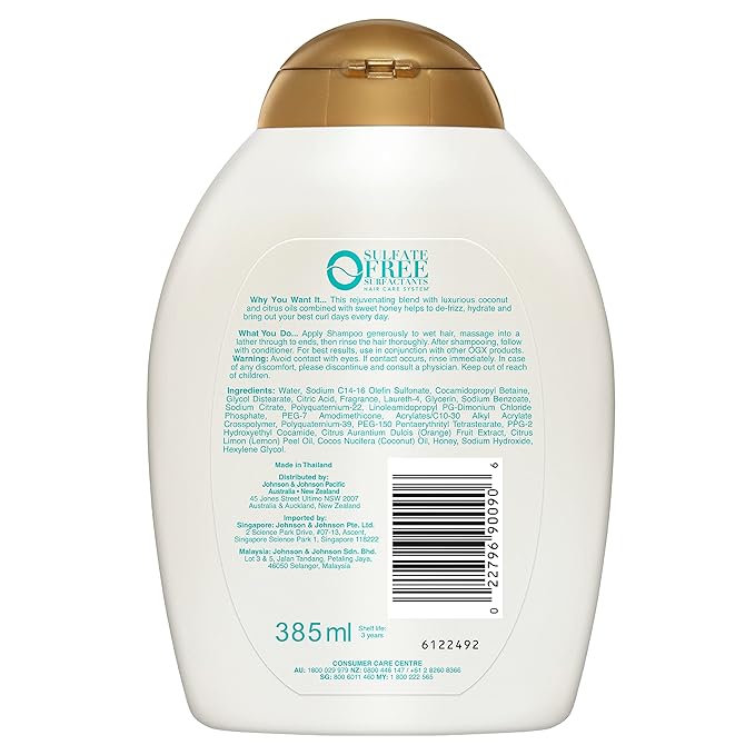 OGX Quenching + Coconut, Curl-Defining Shampoo, Hydrating & Nourishing Curly Hair Shampoo with Coconut Oil, Citrus Oil & Honey, Paraben, Sulfate-Free Surfactants, 13 floz (Pack of 2)