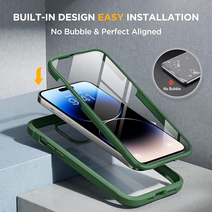 Miracase Glass Series Designed for iPhone 14 Pro Max Case 6.7 Inch, Upgrade Full-Body Bumper Case with Built-in 9H Tempered Glass Screen Protector, with Camera Lens Protector, Green