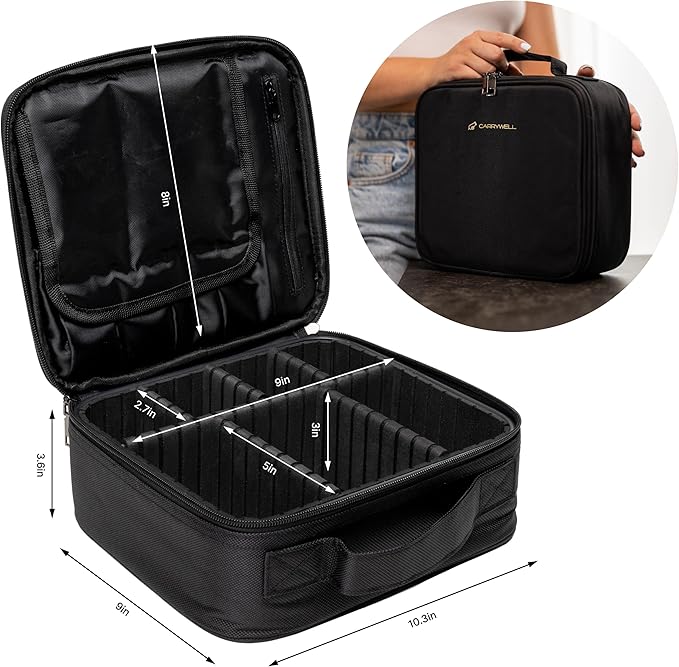 (Not Made In China) 2 Pack, Makeup Train Case, Cosmetic Bag, Portable Beauty Organizer and Storage Box With Adjustable Dividers For Make Up and Brushes (Black, Small)