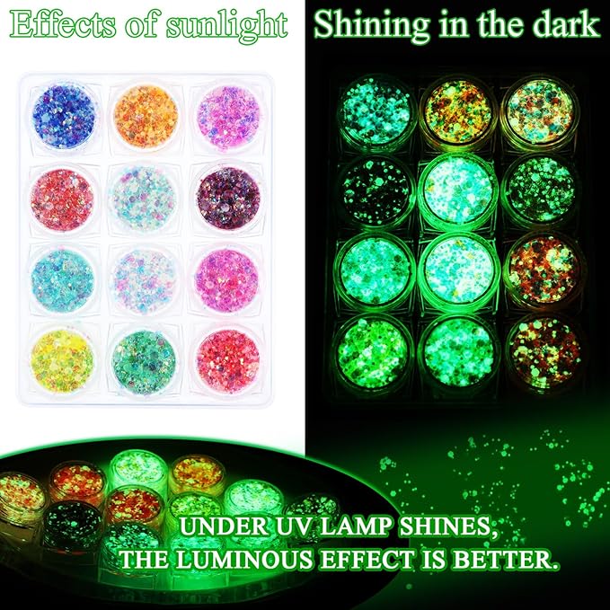 Fluorescent Face Glitter Gel 12 Colours Body Glitter Gel Kit Carnival Glitter Makeup Festival Outfits for Women Hair Glow in The Dark Glitter Gel Light Glitter for Halloween Eyeshadow Nails