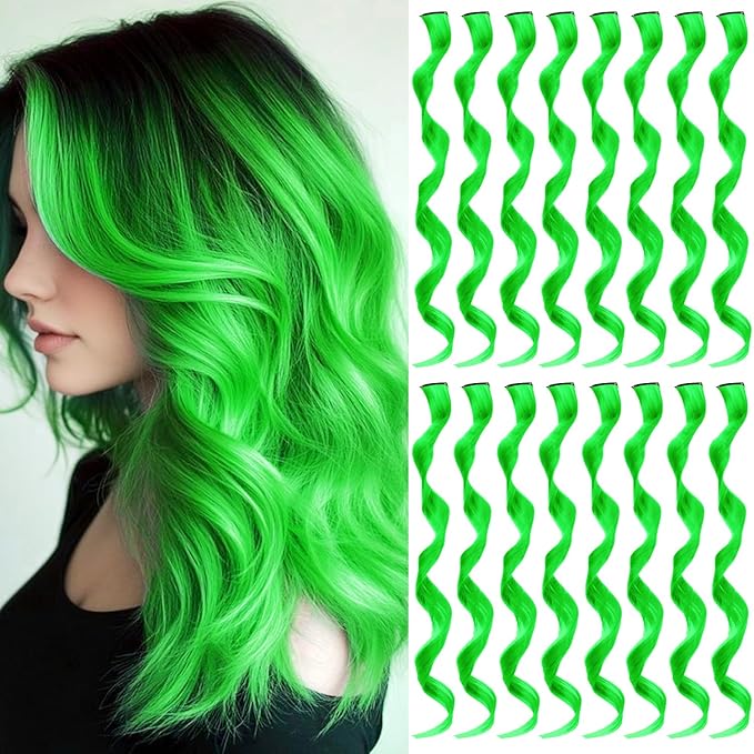 16 Pcs Colored Hair Extensions Curly Wavy Clip in Synthetic Hairpiece Streak,Colorful St.Patrick's Day Cosplay Party Highlights for Girls Women Kids Gift(Neon Green)