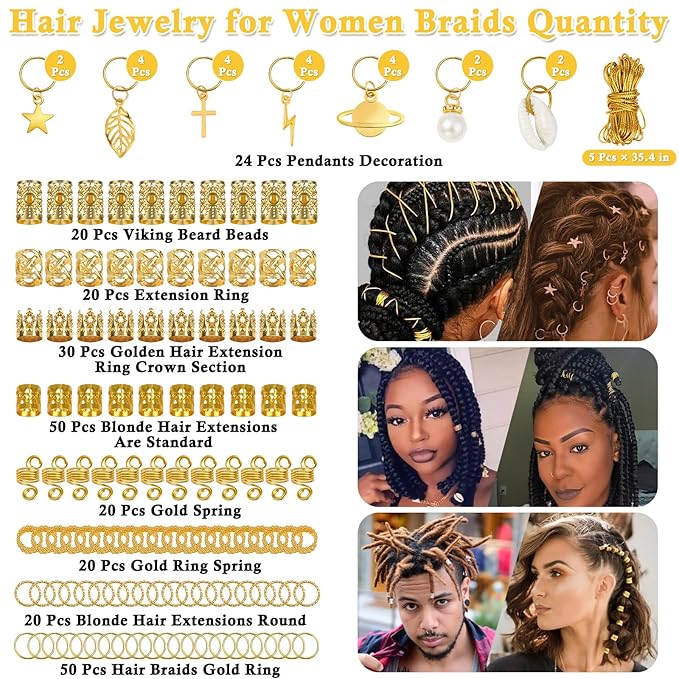 Lucomb 259 Pcs Hair Jewelry for Braids, Loc Jewelry for Hair Dreadlock, Charm Accessories for Women, Metal Gold Braids Rings Cuffs Clips for Dreadlock Accessories Clips Rings Extensions Decorations