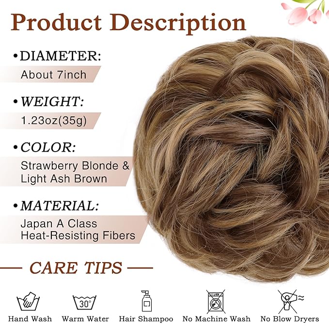 MORICA 1PCS Messy Hair Bun Hair Scrunchies Extension Curly Wavy Messy Bun Synthetic Chignon Hairpieces for Women (Strawberry Blonde & Light Ash Brown)