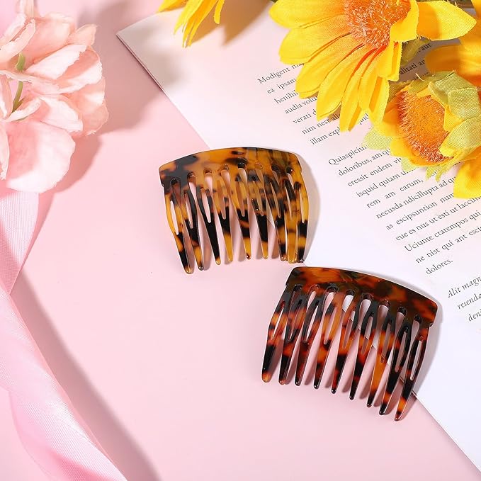 4 Pcs French Side Combs for Hair Small French Twist Decorative Hair Combs Clips Women Bun Strong Hold Clips Hair Styling Accessories for Women(Tortoise, Brown)