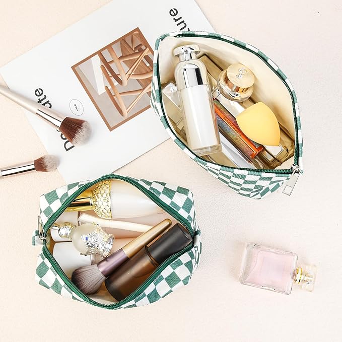 2 Pcs Checkered Makeup Bag Large Cosmetic Bag Toiletry Bag Makeup Pouch Travel Bag Organizer Cute Makeup Brushes Aesthetic Accessories Storage Bag for Women Olive Green