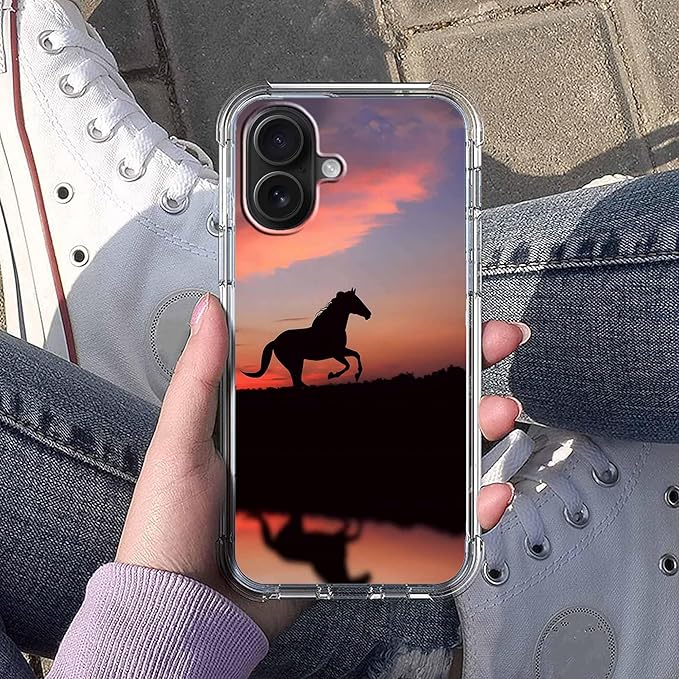 Case for iPhone 16 with Horse Design,Aesthetic Cute Wild World Pattern for Girls Boys,Soft TPU Bumper Phone Cover(16,Horse)