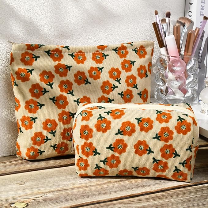 2 Pieces Flower Makeup Bag Large Corduroy Cosmetic Bag Capacity Canvas Mix Travel Toiletry Bag Organizer Cute Makeup Brushes Aesthetic Accessories Storage Bag for Women, Flower Mix Orange
