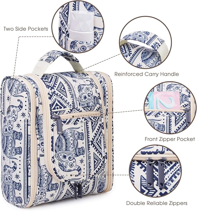 Narwey Small Hanging Toiletry Bag Women Travel Makeup Bag Organizer Toiletries Bag for Travel Size Essentials Accessories Cosmetics (Medium, Elephant)