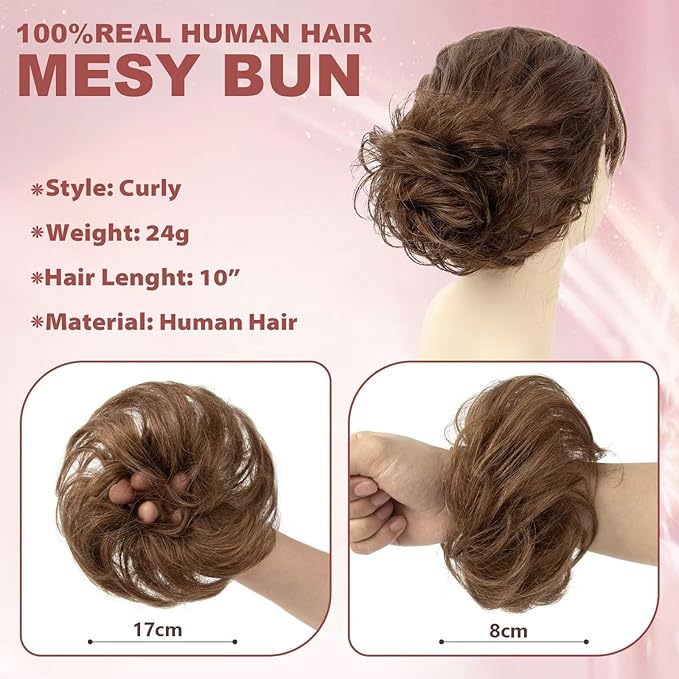 1 PCS Messy Bun Hair Piece Real Human Hair Thick Updo Wavy Curly Chignon Ponytail Hair Extensions Hair Bun Hairpieces for Women Girls (#6 Honey Brown)