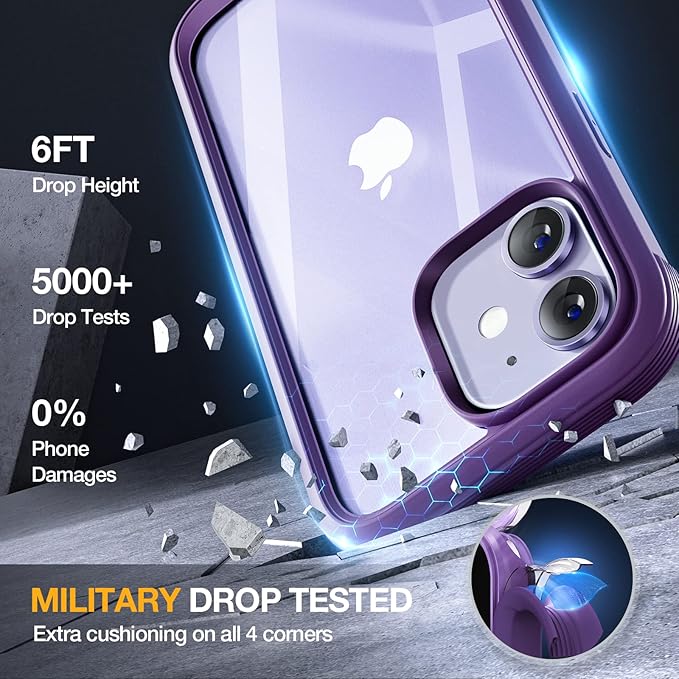 Miracase Glass Series for iPhone 12/12 Pro - Full-Body Rugged Protective Case with Built-in 9H Tempered Glass Screen Protector and Camera Lens Protector - Purple