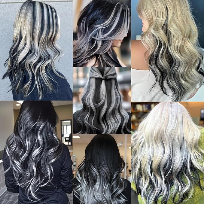 16 Pcs Colored Hair Extensions Curly Wavy Clip in Synthetic Hair Extensions,Colorful Party Highlights Hairpiece Streak for Girls Women Kids Favors Gift(Black)