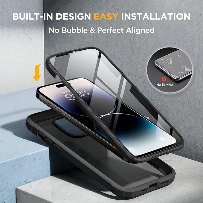 Miracase Glass Series for iPhone 14 Pro Case 6.1 Inch, 2023 Full-Body Clear Bumper Case with Built-in 9H Tempered Glass Screen Protector, with Camera Lens Protectors, Matte Black