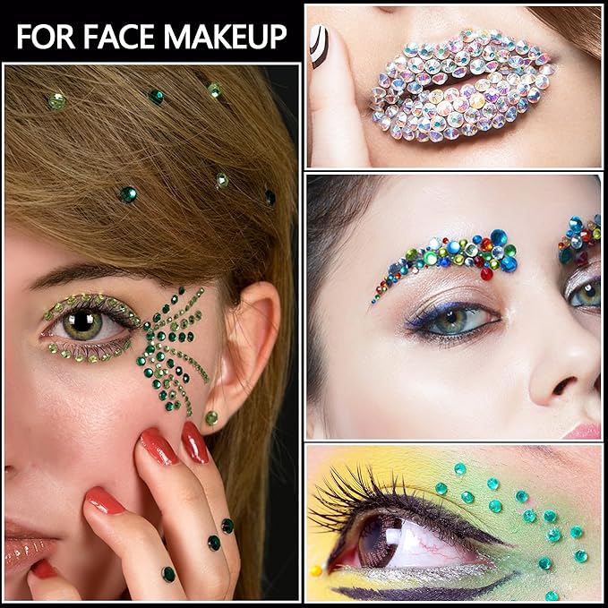 NIACONN 1760 Pcs Green Hair Jewels Face Gems Stick on, Self Adhesive Glitter Rhinestones Stickers for Women Body Eyes Nails Festival Halloween Makeup & Crafts
