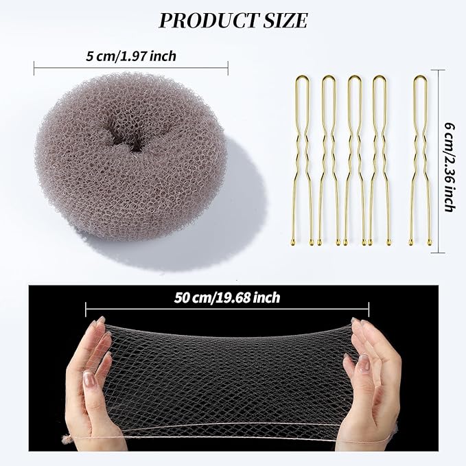 Teenitor Hair Bun Maker Kit and Hair Net, 4 Pcs Medium Hair Donuts For Buns, 10 Pcs Mesh Hair Nets Invisible, 10 Pcs U Shaped Hair Pins for Women, Tan Brown