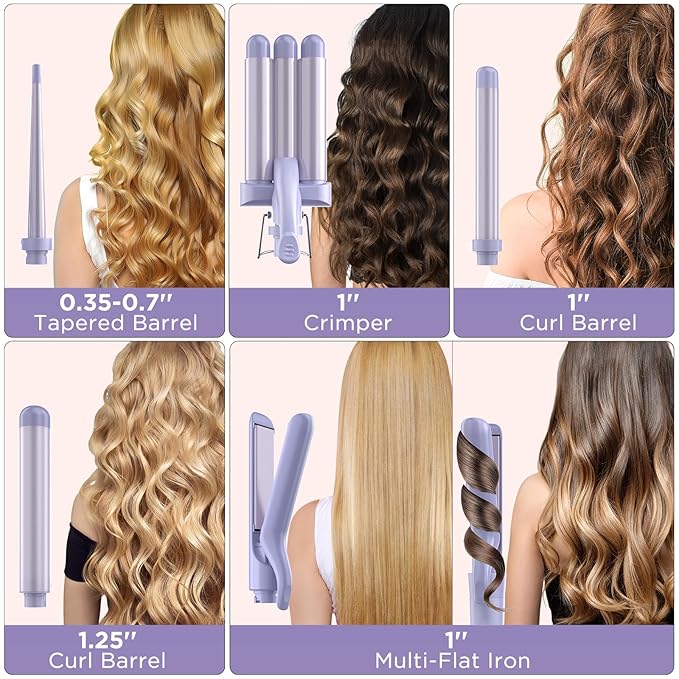 5 in 1 Wand Curling Iron-Curling Wand Set with Hair Straightener, 3 Barrels Hair Crimper Iron, 3 Ceramic Curling Irons (0.35 "-1.25"), 2 Temps Fast Heat Hair Curler Waver with Glove & Clip-Purple