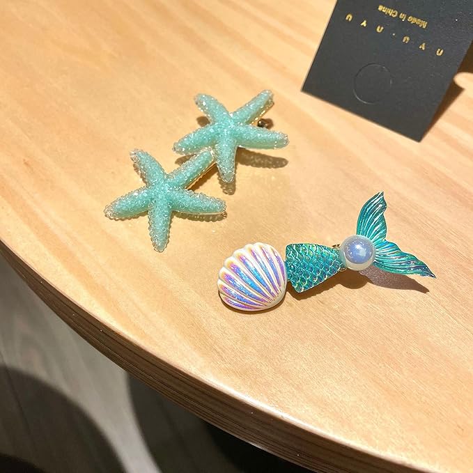 5 Pcs Starfish Seashell Hair Clips Mermaid Costume Pearl Beach Ocean Hair Accessories Women and Girls (Green)