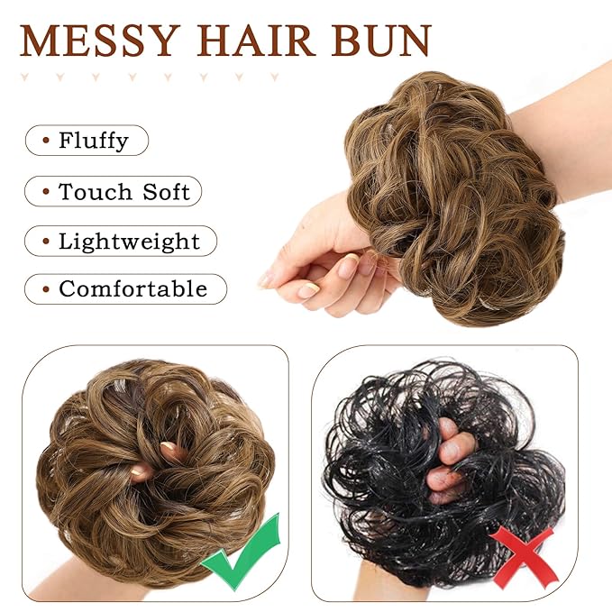 MORICA 1PCS Messy Hair Bun Hair Scrunchies Extension Curly Wavy Messy Bun Hair Synthetic Chignon Hairpieces for Women(6H27(Dark Brown & Caramel Blonde))