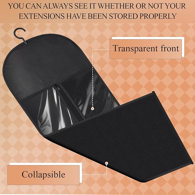 14 Pcs Extra Long Hair Extension Storage Bag with Hanger, Two Sizes for Multiple Wigs, Dust Proof Hanger for Hair Extensions, Accessories, Black