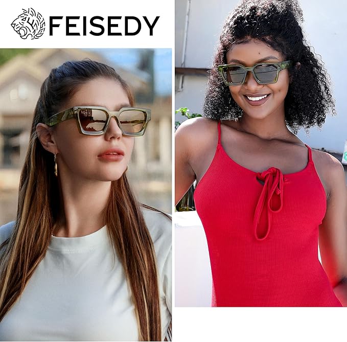 FEISEDY Retro 90s Square Sunglasses for Women Men Trendy Chunky Rectangle Sunglasses UV400 Protection B2385
