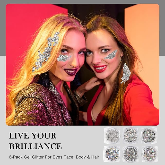 Glitter Body Face Hair Makeup Festival Gel, 6 Shapes Clear Silver Rave Glitter Face Pain Glitter Eyeshadow for Kids Women Girls Singer Concerts Festival Rave Accessories