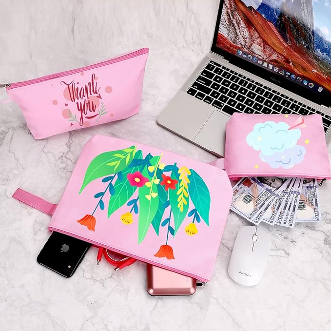 10 Pieces Cotton Canvas Makeup Bag with Bottom and Strap, Multi-Purpose Cosmetic Bag with Zipper Travel Toiletry Pouch, Blank DIY Craft Bag (Pink, S)