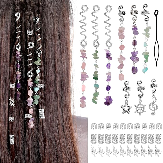 40Pcs Natural Colored Crystal Stone Hair Accessories, hoyuwak Metal Hair Charms, Silver Loc Dreadlock Spirals, Cuffs & Rings for Women's Hairstyles