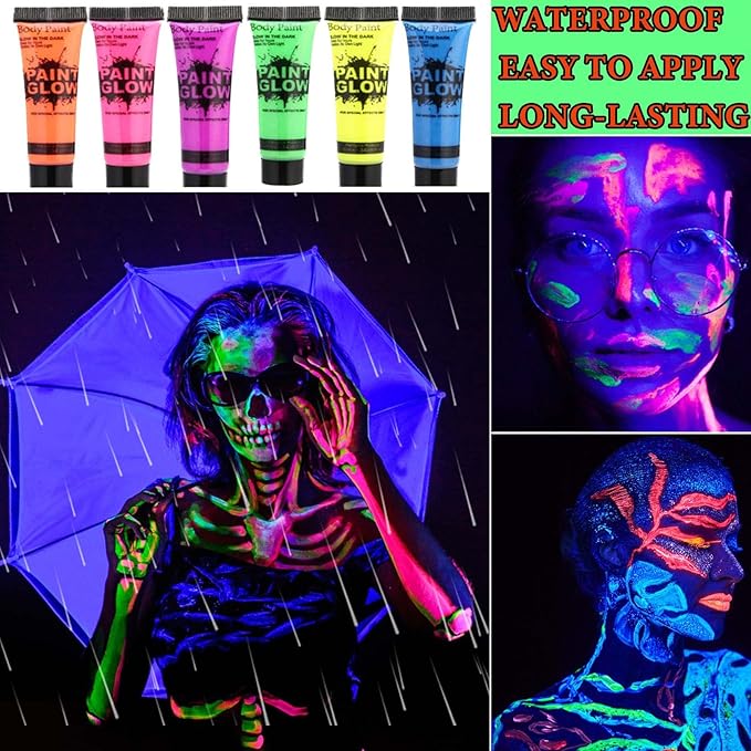 6 Pcs Glow in the Dark Face Body Paint,Blacklight Neon Face & Body Paints,Easily Cleanable Paint Set Neon Makeup Glow in the Dark Party Supplies