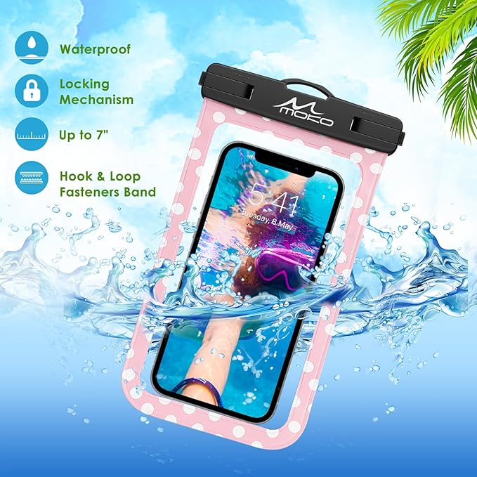 MoKo Waterproof Phone Pouch Holder, Cellphone Case Dry Bag with Lanyard Armband Compatible with iPhone 16 15 14 13 12 11 Pro Max, Samsung S24/S23/S21/S20/S10, Pink dots